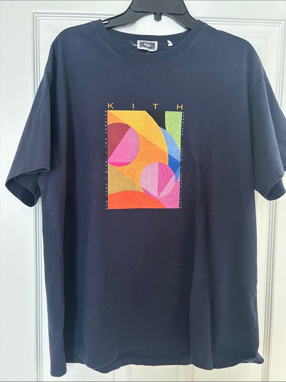 Kith Navy Tee with Multicolor Abstract Geometric Print